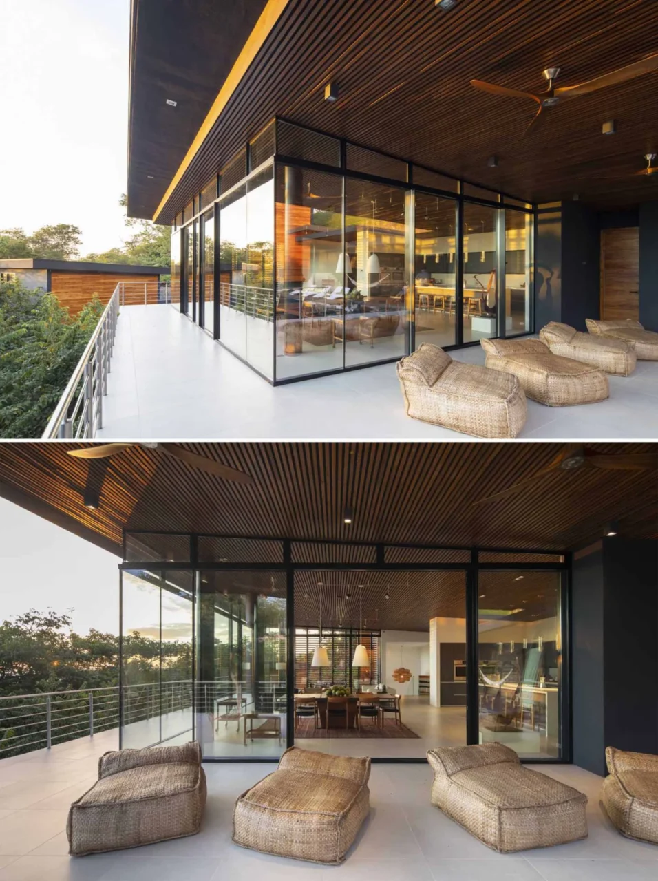 Outdoor deck with seating wrapping around the house