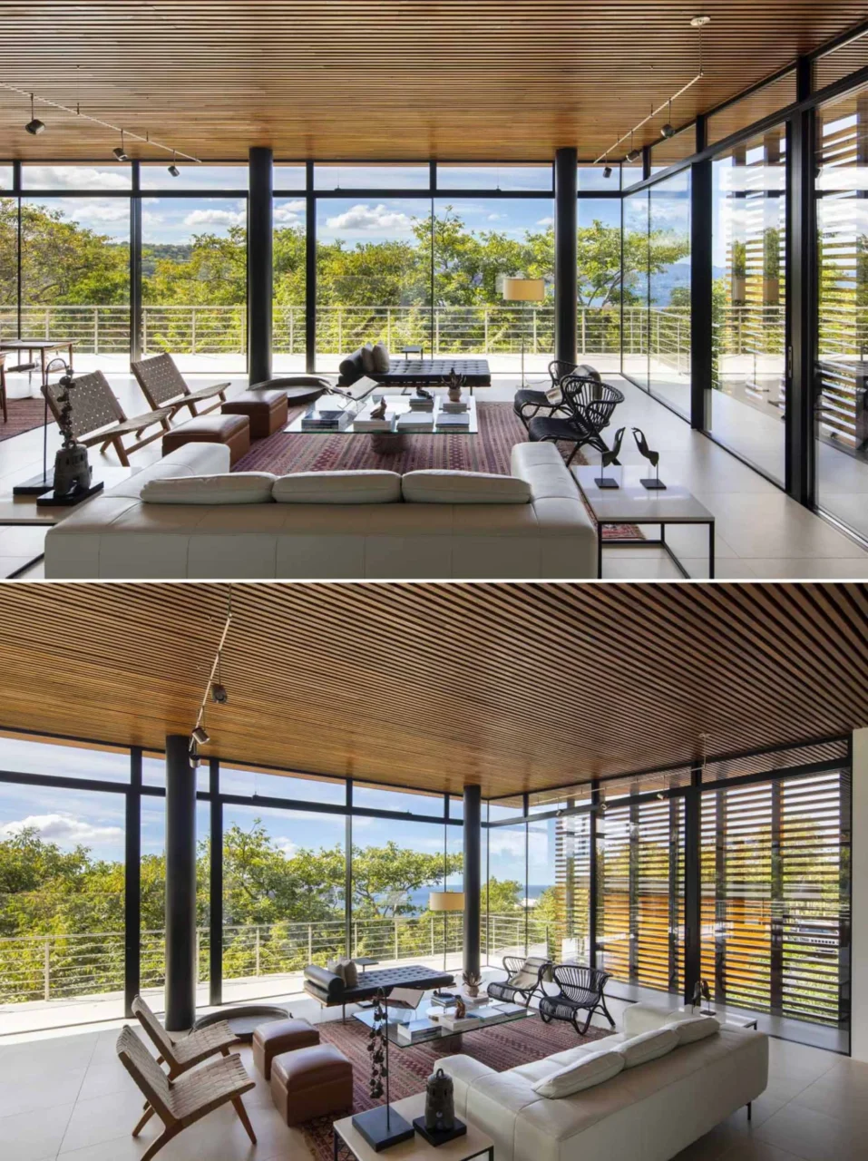 Living room with floor-to-ceiling windows opening to the jungle