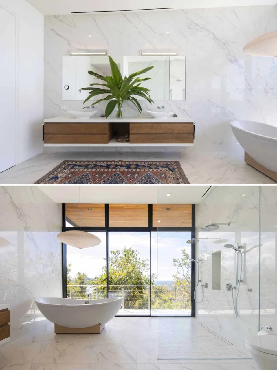 Bathroom in wood, light tiles, white worktops and glass