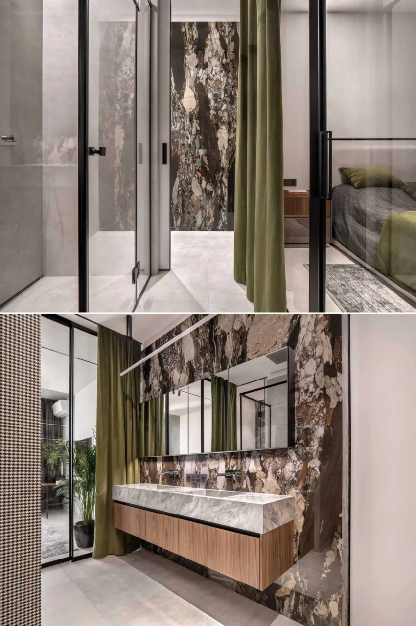 Ensuite bathroom behind the sliding glass doors