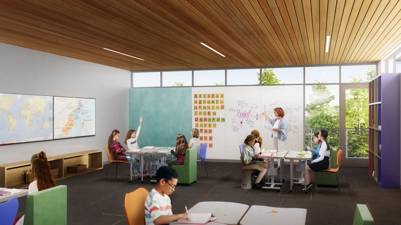 Classroom designed to support students with dyslexia, with clerestory windows, biophilic ceiling materials and large format technology