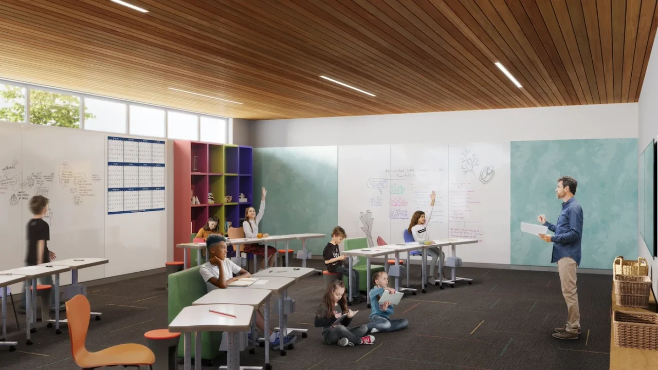 Classroom wall combining acoustic panels and writable surfaces, with varied seating options
