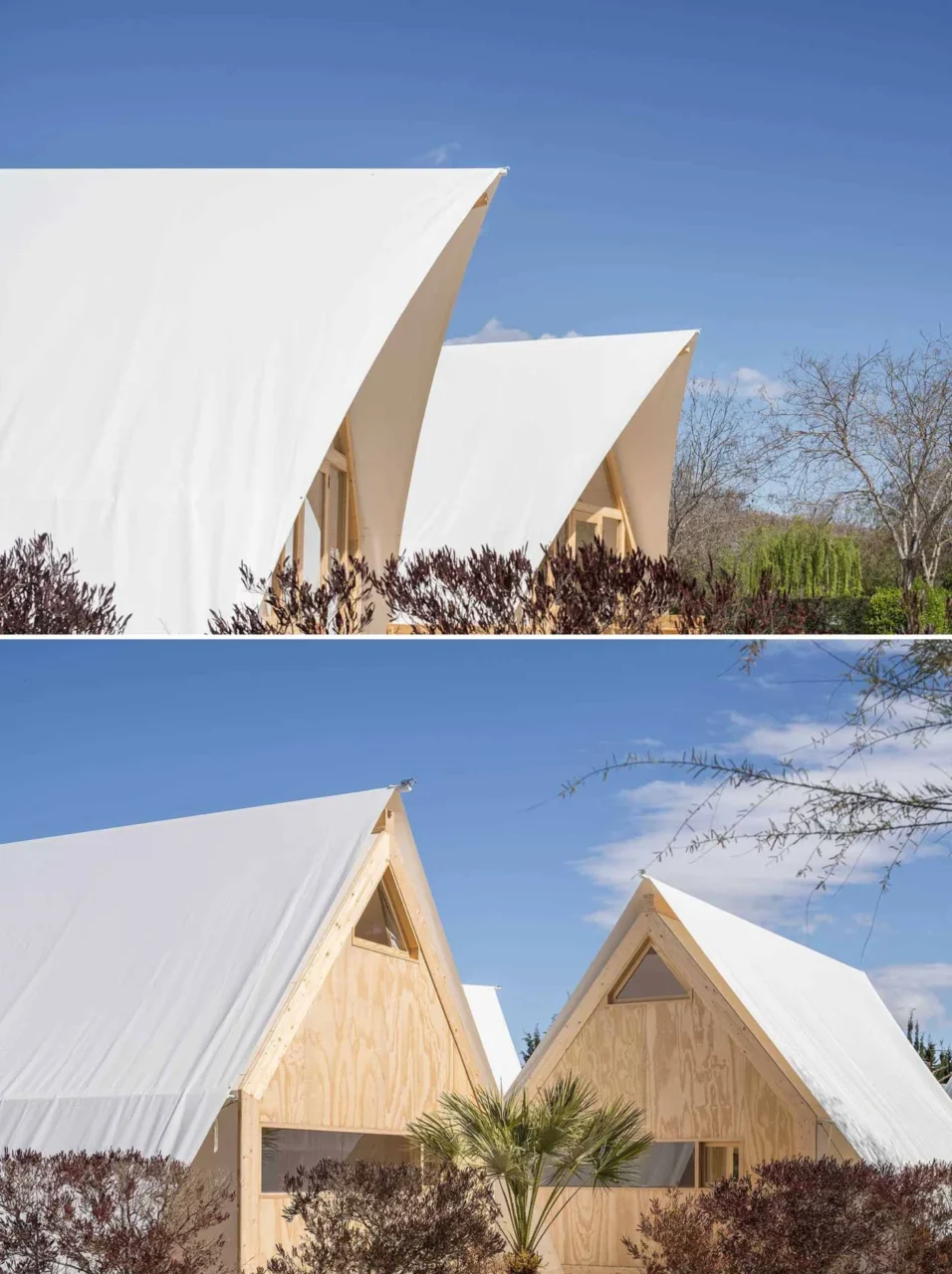 Side wall of the glamping tent closed with tarpaulins