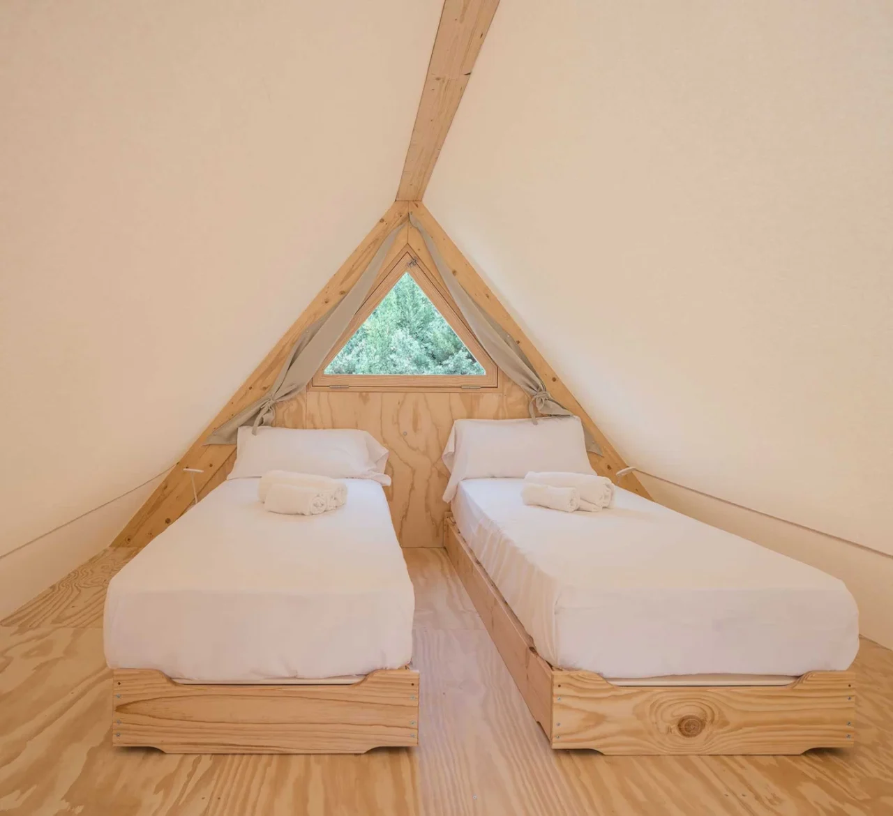 Interior of the TipiTop tent under its light timber frame