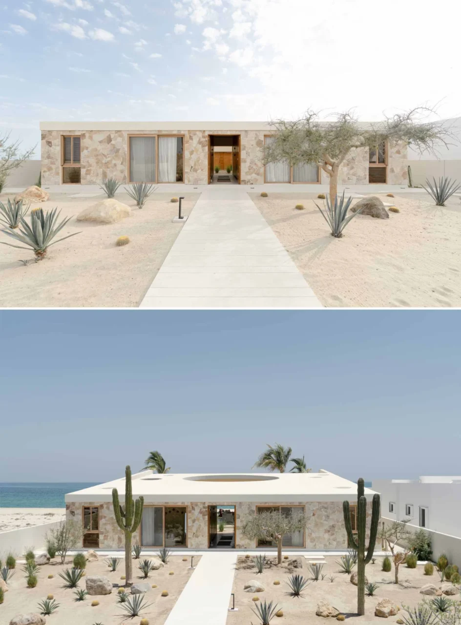 Local stone walls and an interior courtyard of the beach house