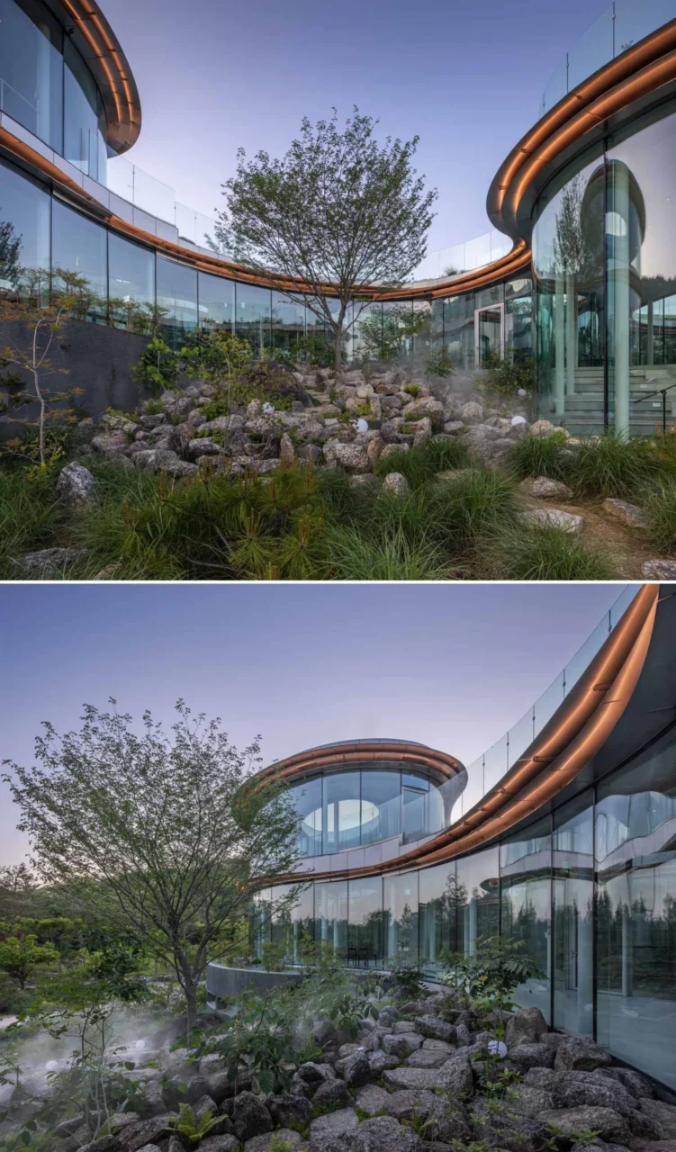 Courtyard linking the cafe interior with the surrounding landscape