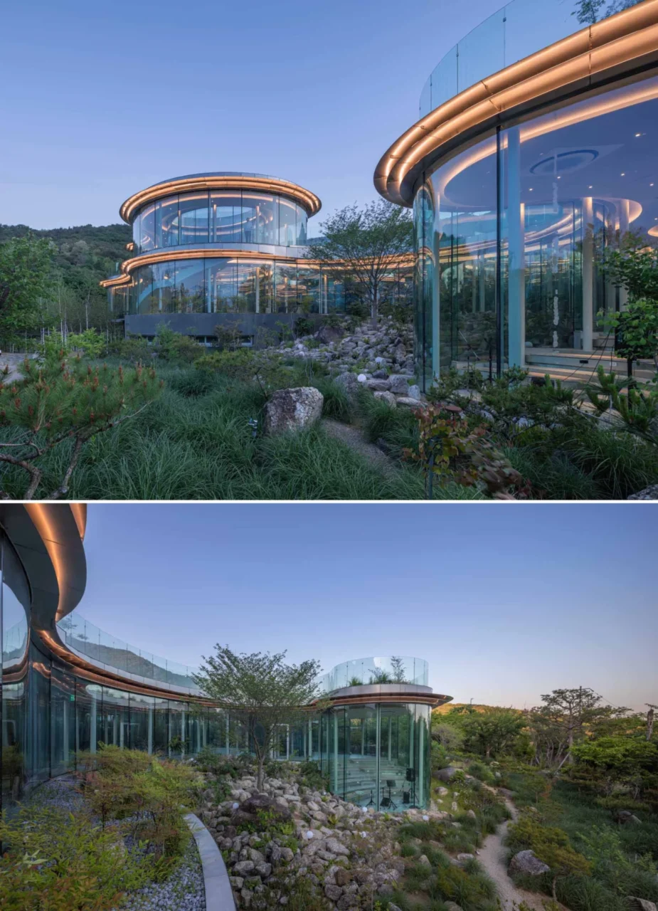 Stainless steel eaves following the curves of the building