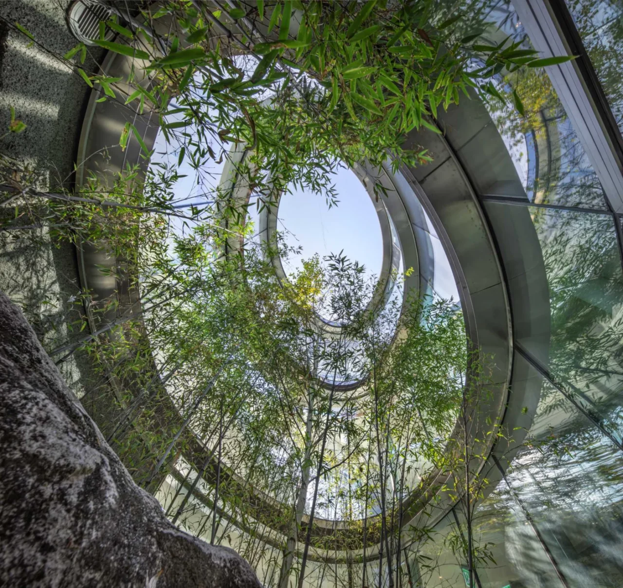 Gathering space with uninterrupted views of the garden through curved glazing