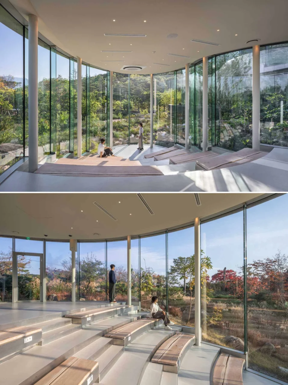 Cafe interior with curved walls and garden views