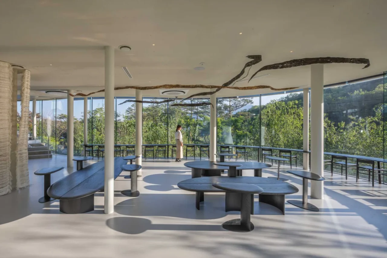 Event space inside the curved cafe building