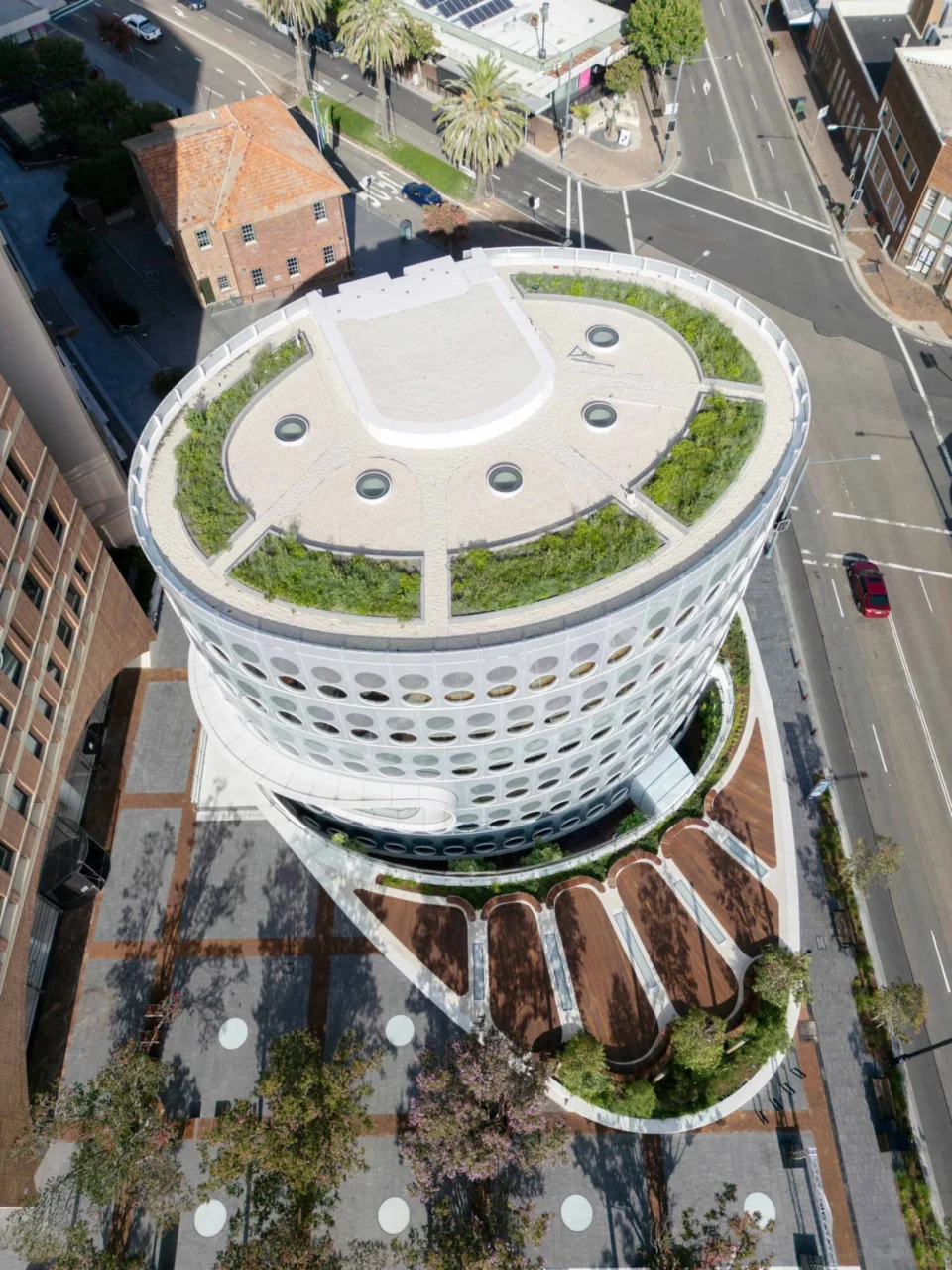 Yellamundie Library with round windows and a green roof
