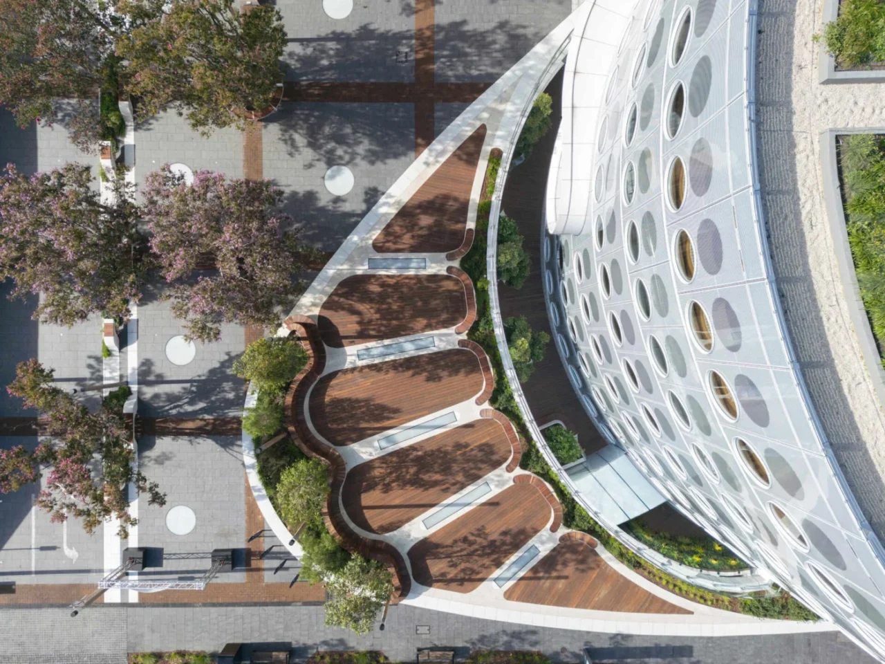 Curvilinear form of the library beside the plaza