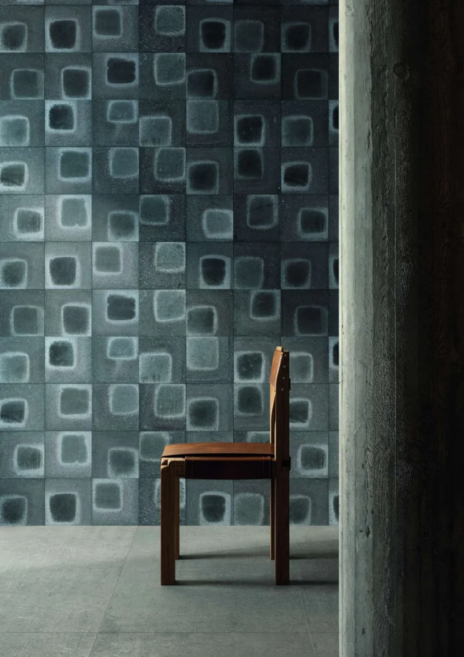 Wall tile with a hand-painted square pattern in blue-grey tones, Anthroform trend