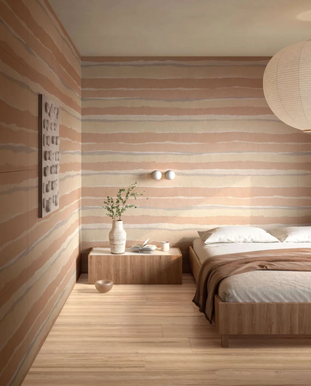 Bedroom with striated tile walls in terracotta and sand tones