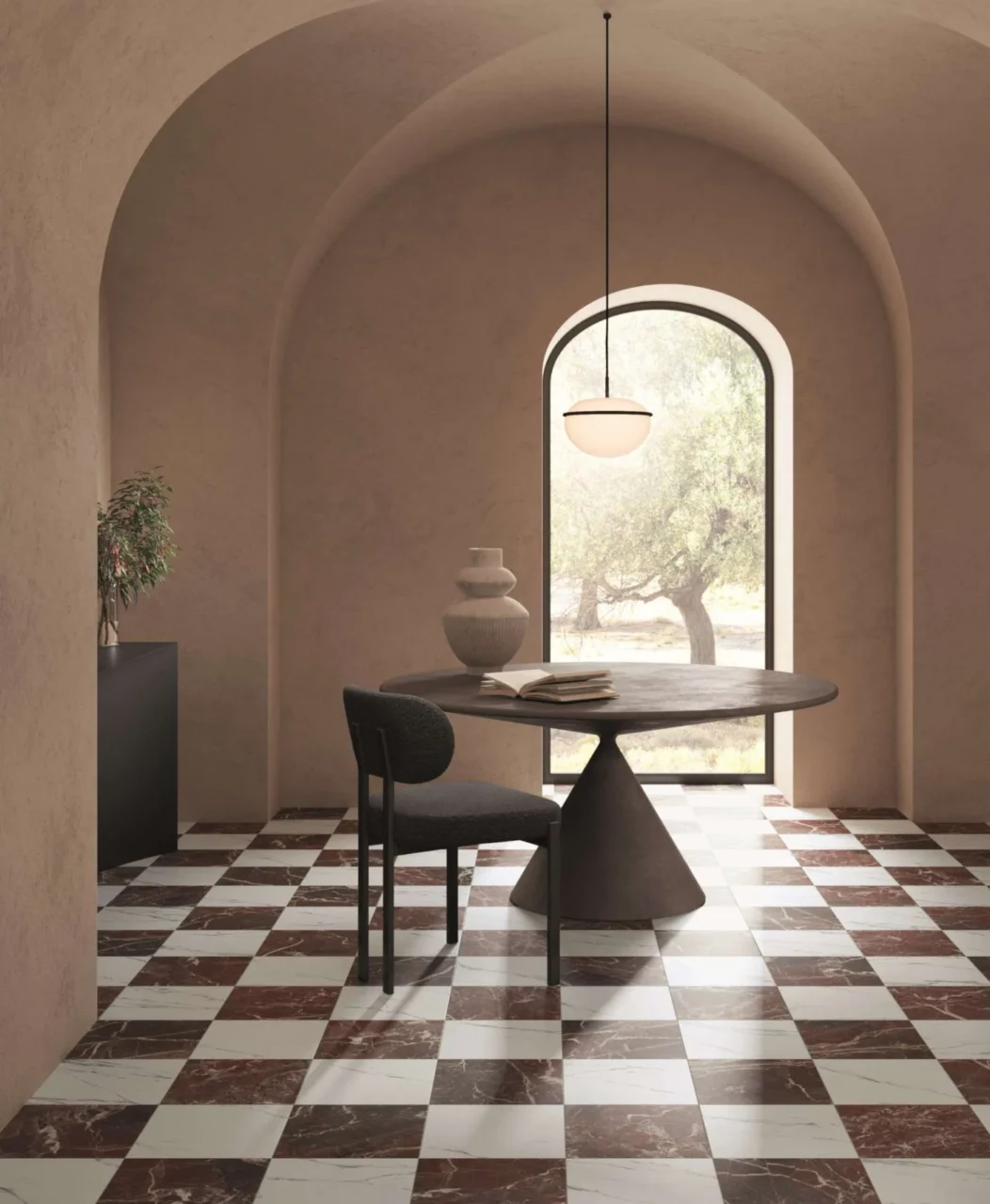 Checkerboard floor tiles in burgundy and ivory marble effect under arches