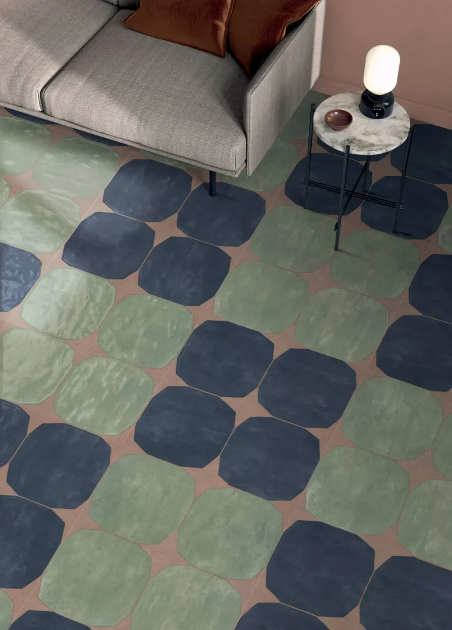 Art Deco inspired floor tiles in green and blue with an organic pattern