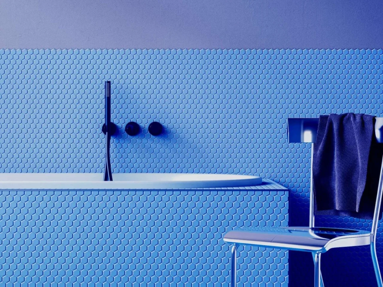 Bathroom clad in blue penny tile from floor to tub surround, Coriandoli by Appiani