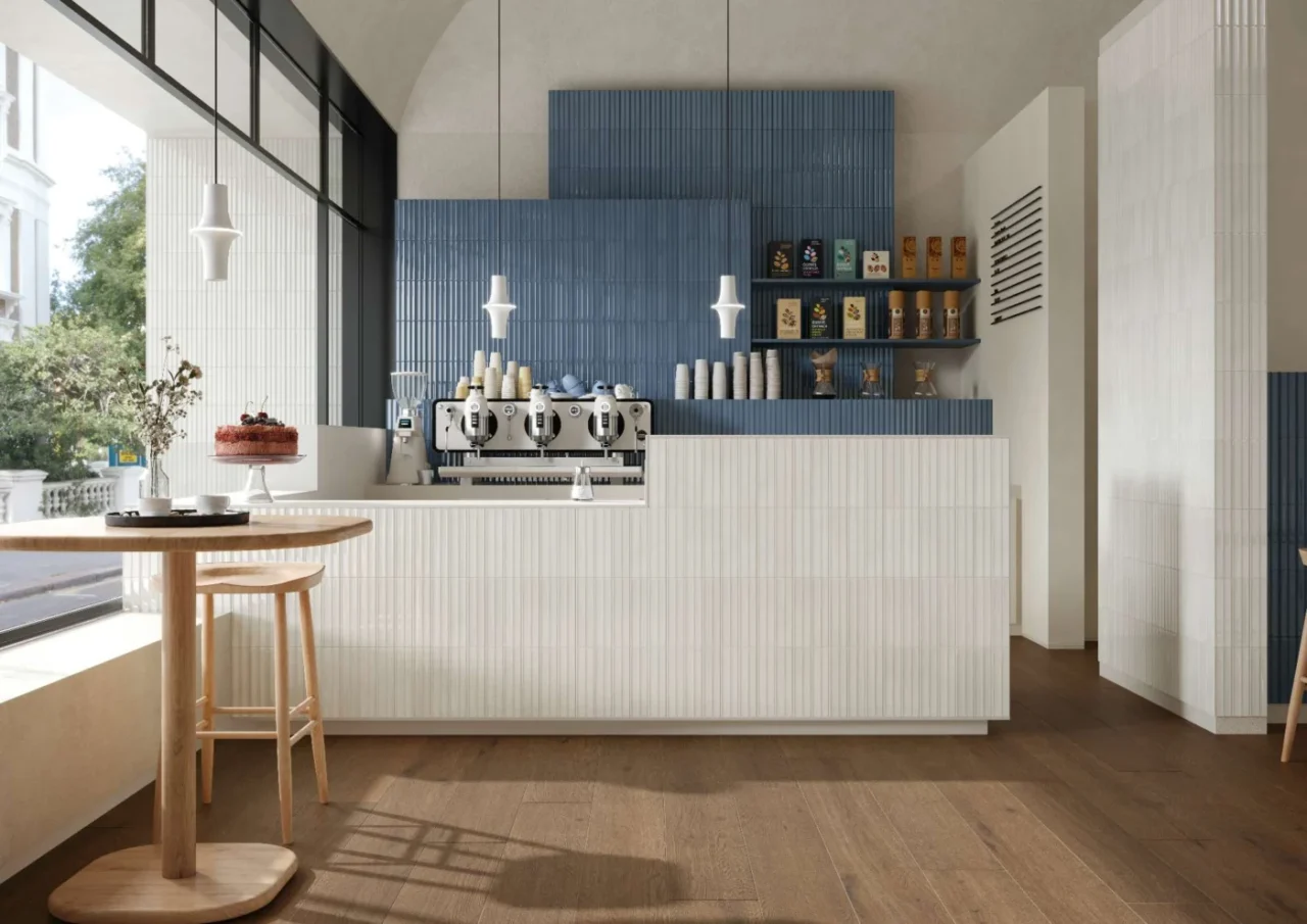 Cafe with vertical tile cladding in creamy white and slate blue