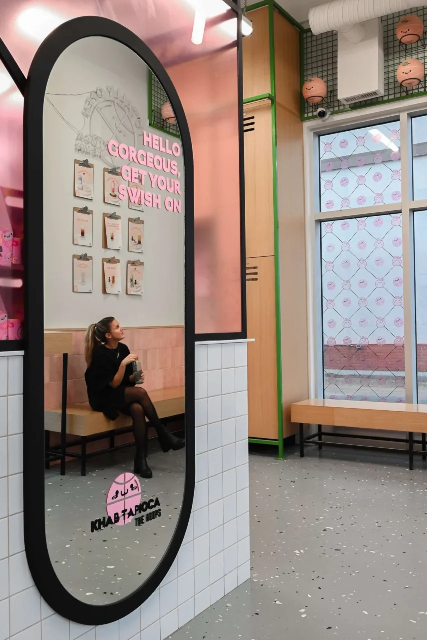 Overall view of the basketball-themed bubble tea shop in Winnipeg