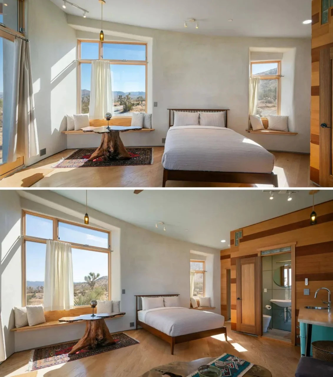 Bed flanked by built-in window seats inside the cabin