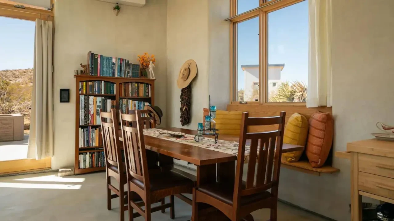 Compact dining area in the small desert cabin