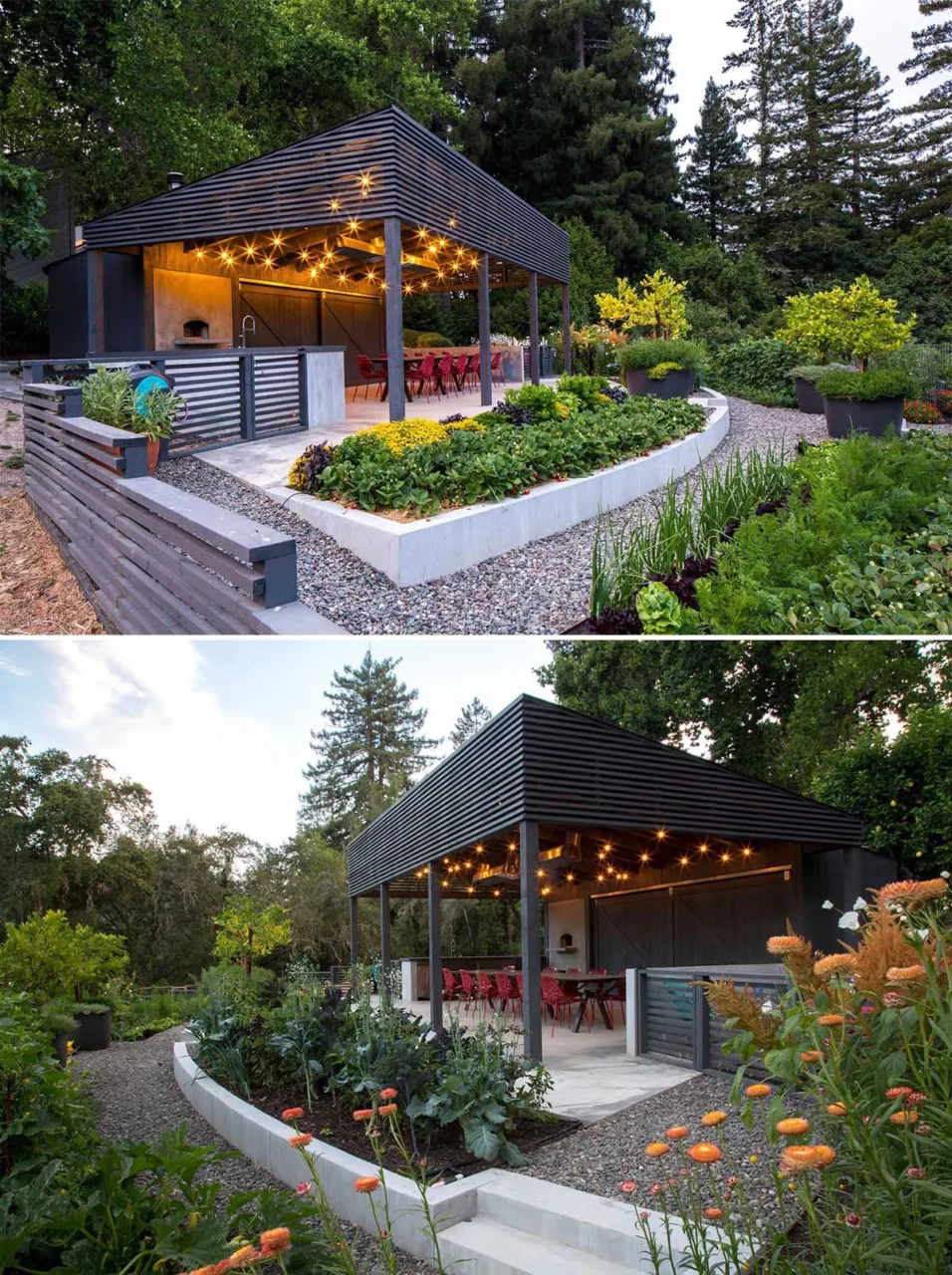 Outdoor dining area with a long table, red chairs and a built-in wood-fired oven by a terraced garden, Andrew Mann Architecture