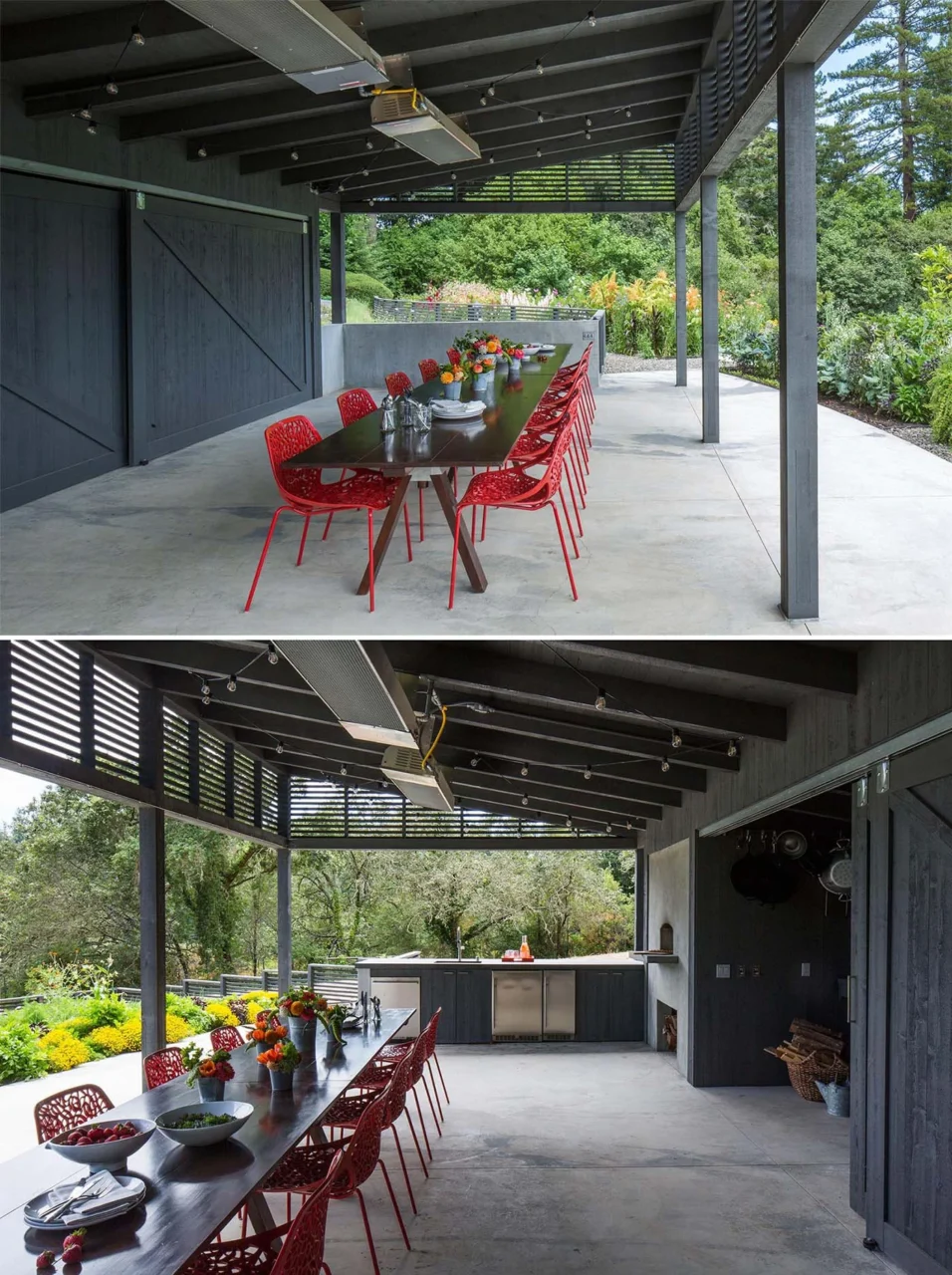 Terraced garden with stone steps beside the outdoor dining area by Andrew Mann Architecture and Christa Moné