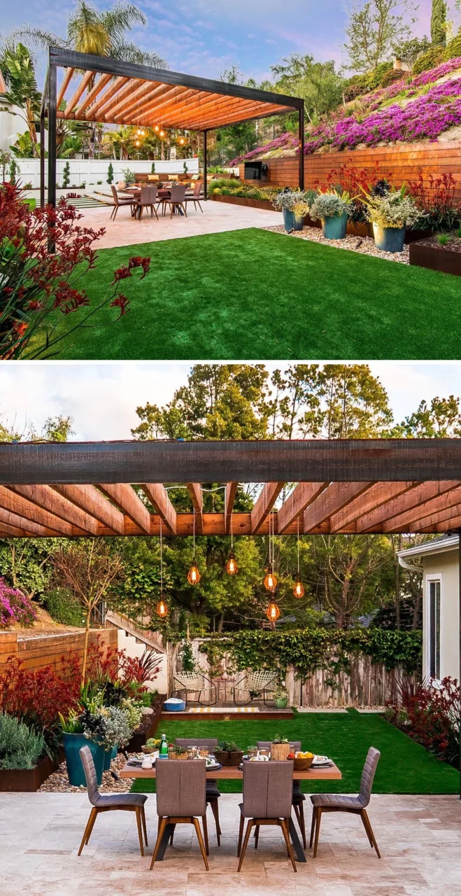 Outdoor dining table under a wooden pergola surrounded by greenery, Brookside Landscape Design