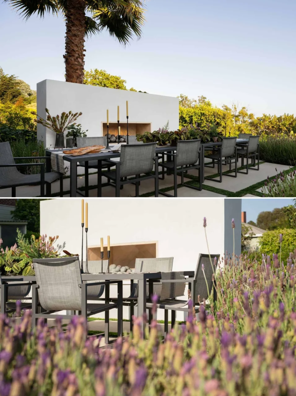 Rectangular outdoor dining table by a fireplace with lavender and stone pavers, SUBU Design Architecture