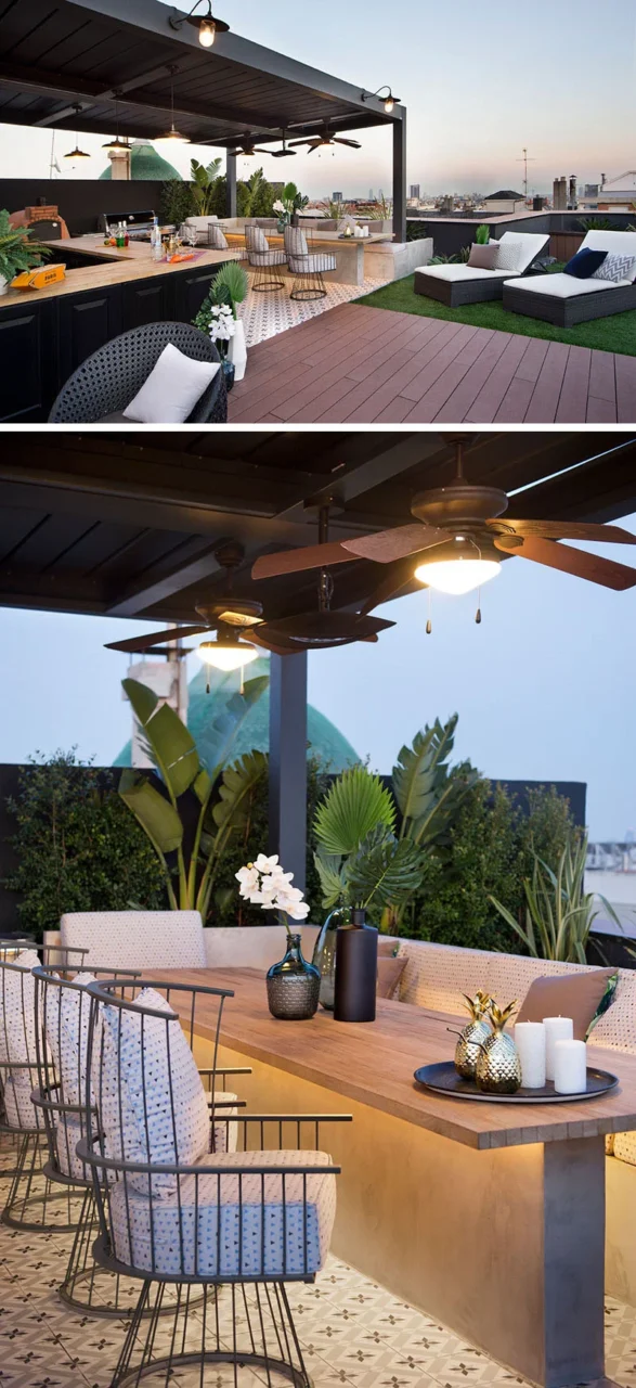 Rooftop dining area with an outdoor kitchen, banquette seating and bar by Egue y Seta