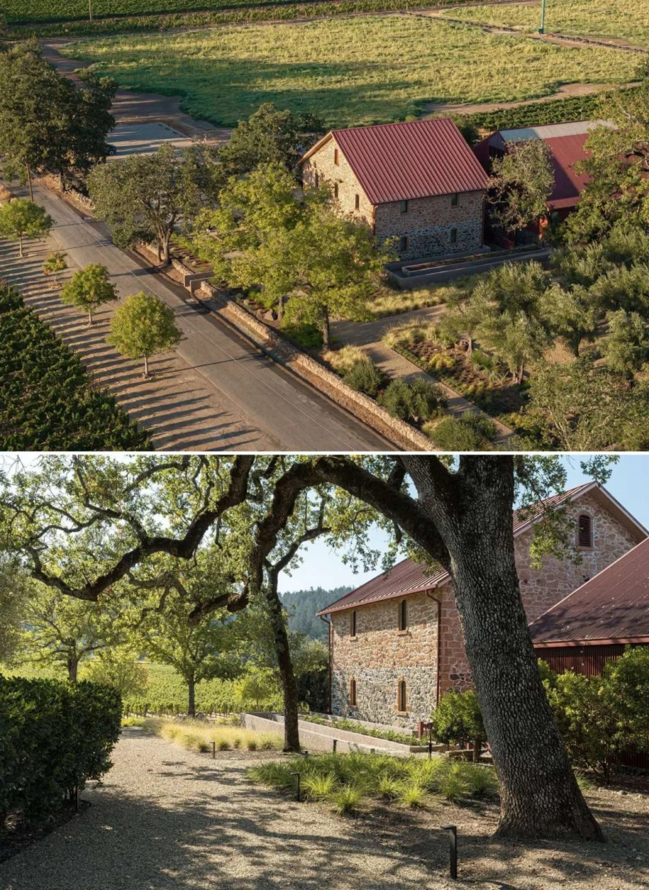 Stone facade of the restored tasting room building in St. Helena