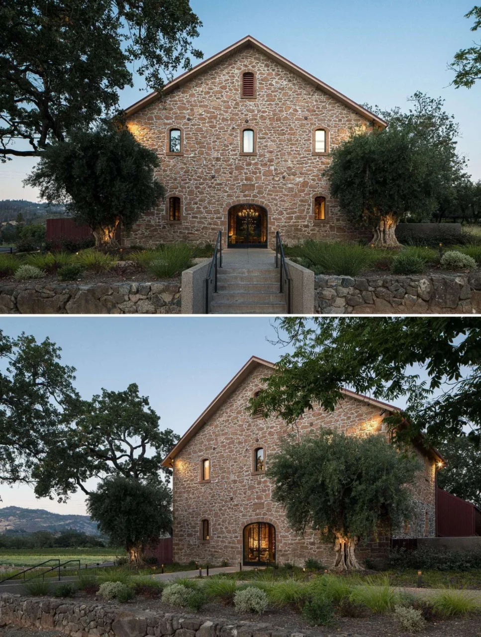 Original wooden posts and beams preserved inside the stone tasting room