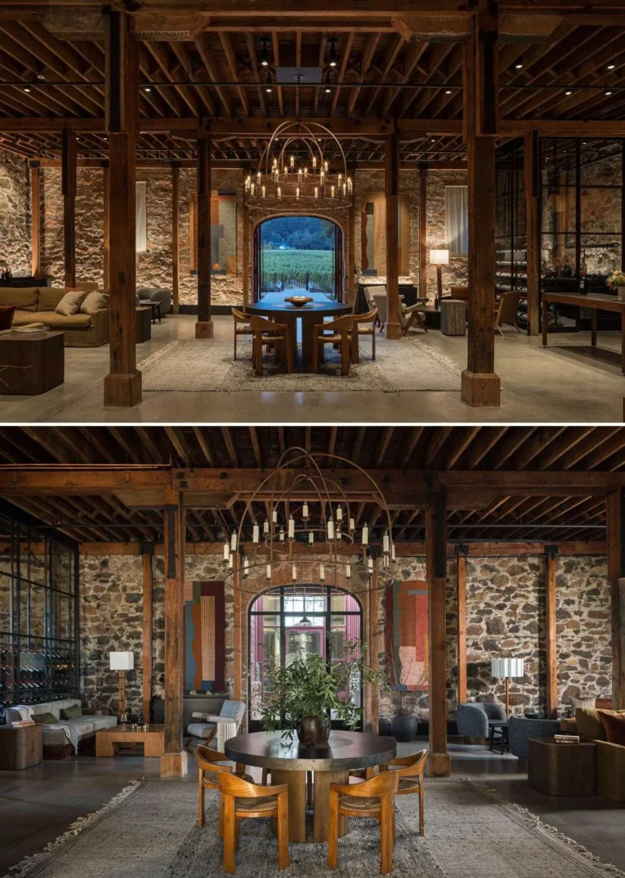 Tasting room lounge with mustard linen sofas and an eclectic mix of furniture
