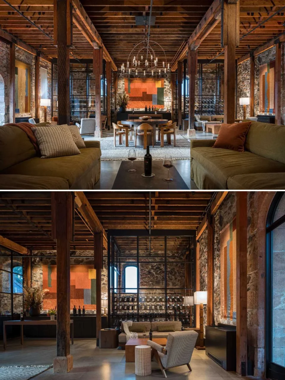 Glass wine storage walls with dark frames rising to the full height of the room