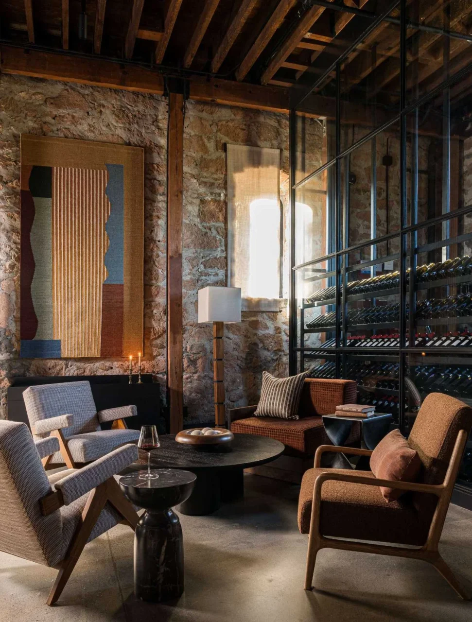 Polished concrete floor beneath the timber structure of the tasting room