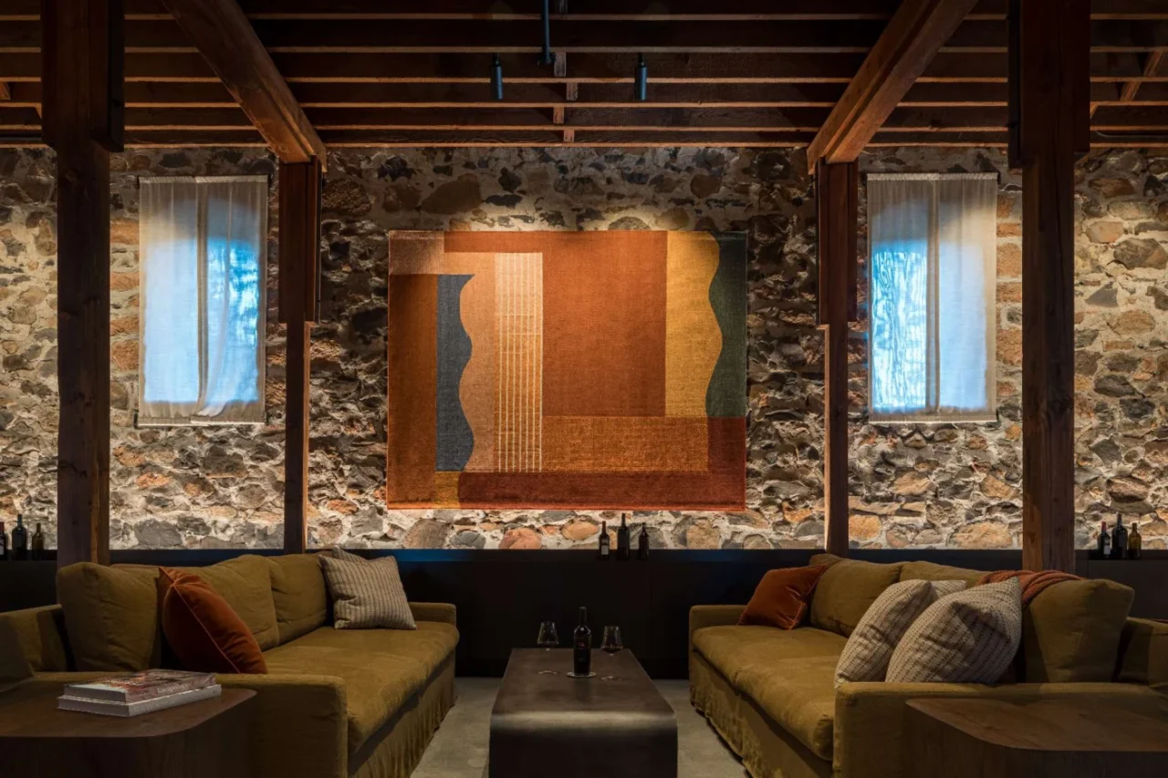 Moody, textured seating area inside the Napa Valley tasting room