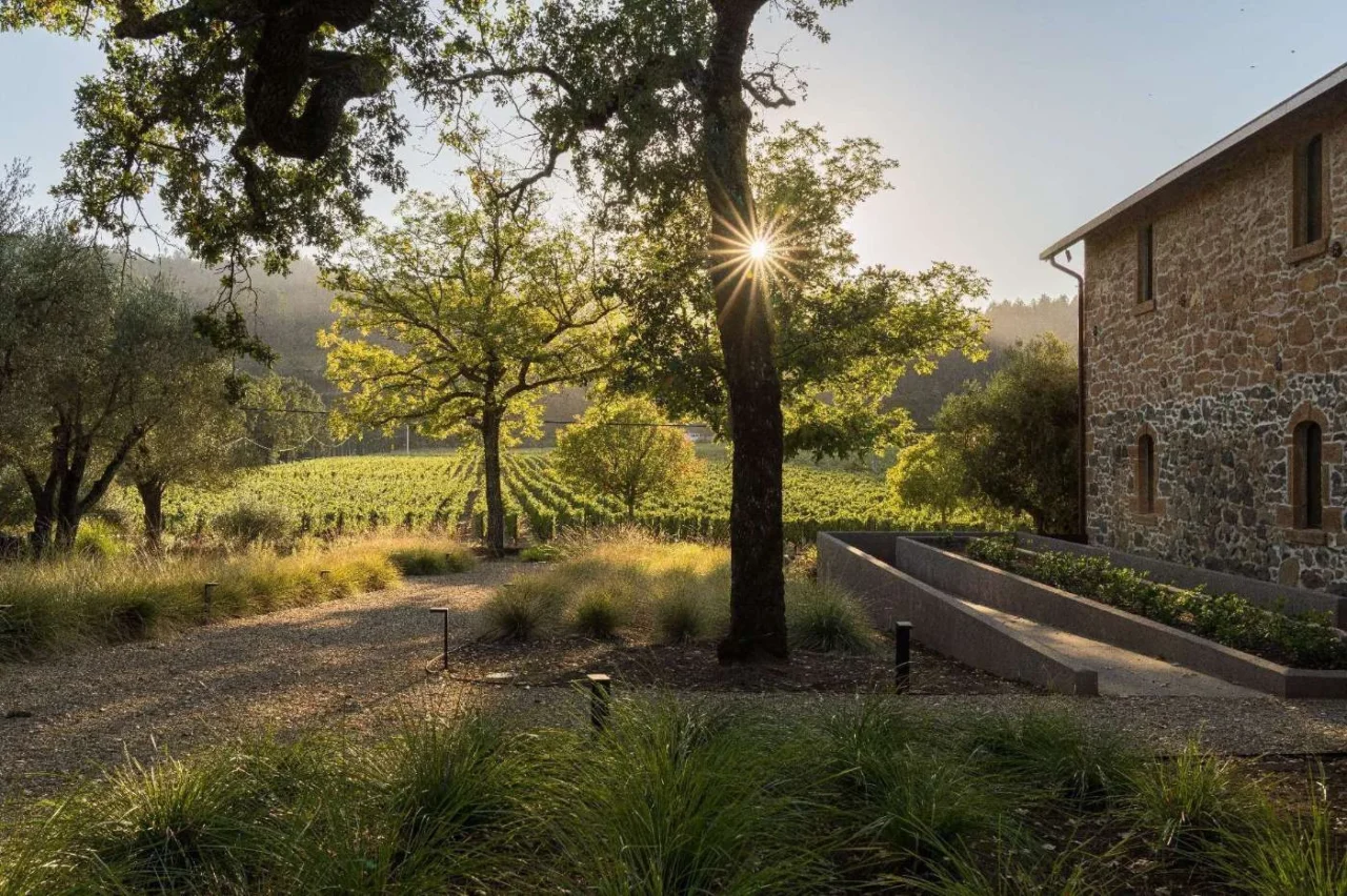 Landscaped grounds around the stone wine tasting room