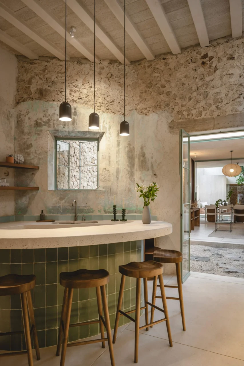 Kitchen with a curved countertop opening to the living area and patio