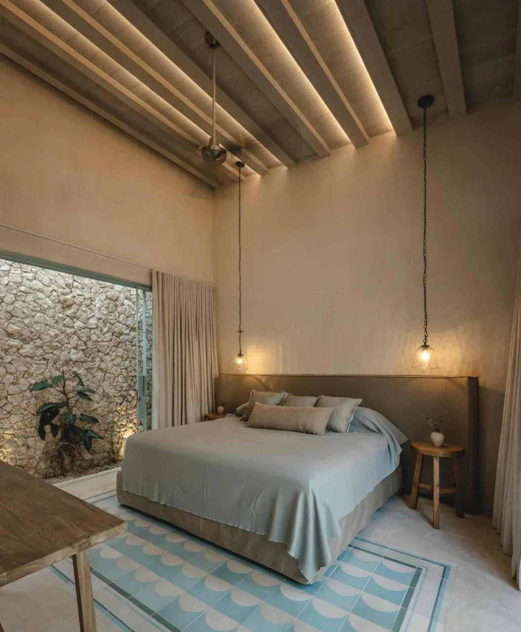 Bedroom with a wide headboard and steel-framed glass openings