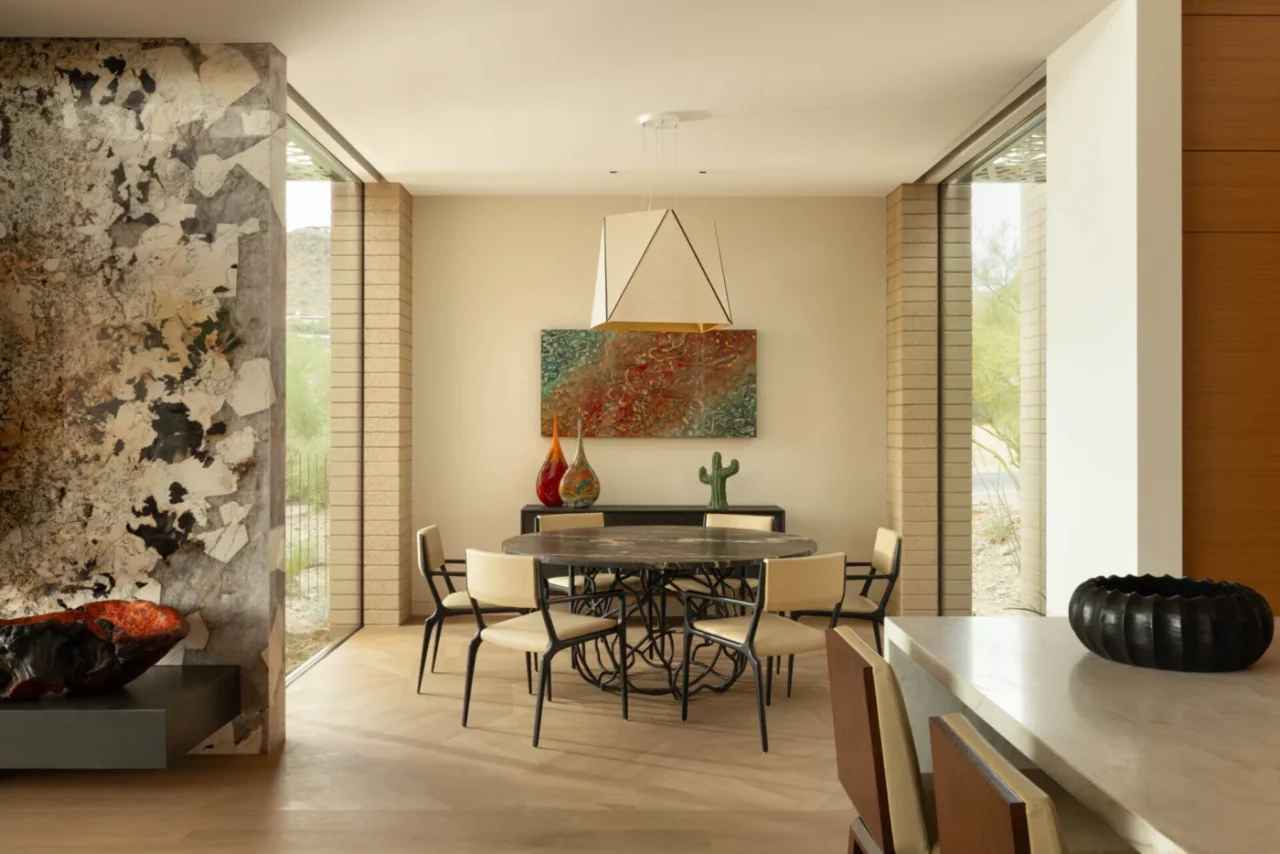 Dining area lit through patterned screens