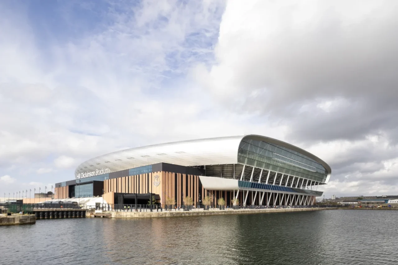 Hill Dickinson Stadium at Bramley-Moore Dock, Liverpool, with its brick base and silver roof