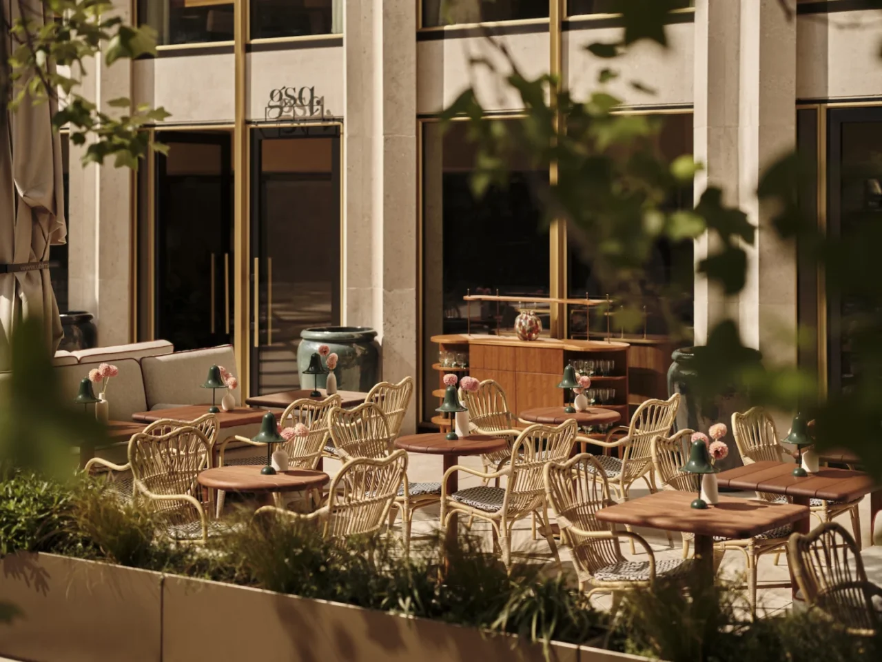 Interior space of the hotel with natural stone, timber and metal finishes